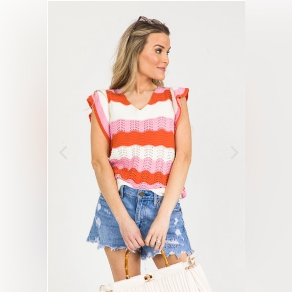 THML Anthropologie M Knit Cotton Sweater Wavy Stripe V Neck Flutter Sleeves Pink - Picture 4 of 12